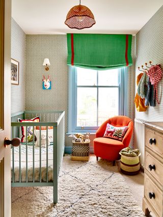 In the nursery of the same house woodwork in the peaceful ‘Sky Blue complements the Vanderhurd wallpaper.  buttongroup ...